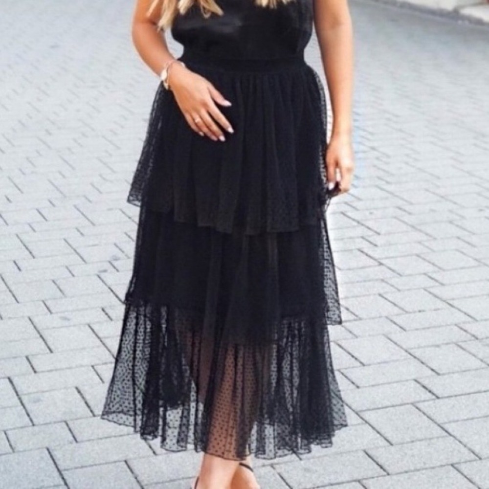 Zara Black Whimsygoth Tiered Tulle Mesh Midi Skirt Swiss Dot Velvet Waist Sz XS